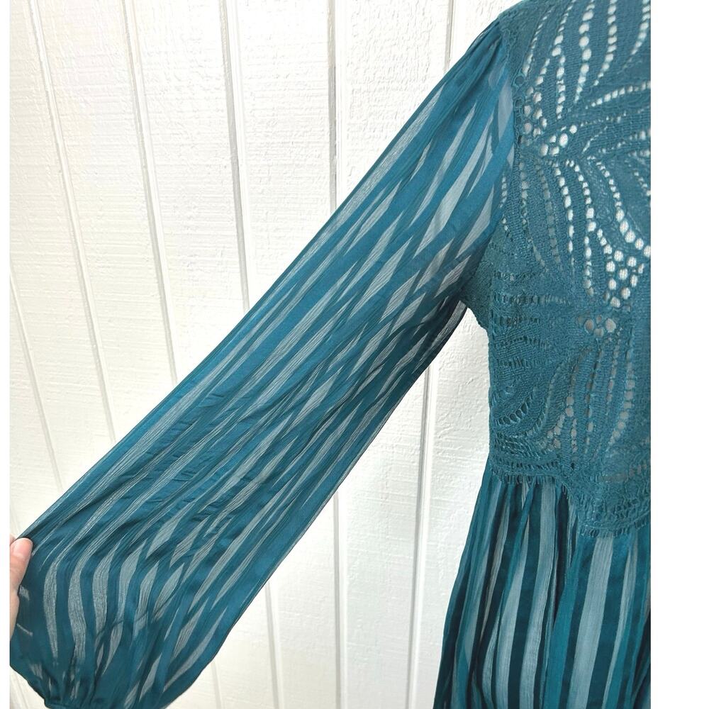 BCBG Maxazaria Teal Lace Sheer Stripe Babydoll Dress Long Sleeve S - Picture 2 of 9